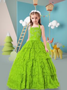 Sleeveless Lace Floor Length Zipper Pageant Dress for Girls in Olive Green with Beading and Ruffled Layers