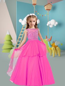 Fashion Beading Little Girls Pageant Gowns Rose Pink Zipper Sleeveless Floor Length