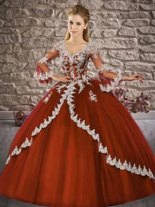V-neck 3 4 Length Sleeve Lace Up Quinceanera Gowns Rust Red Tulle