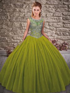 Ball Gowns Quinceanera Dresses Olive Green Scoop Tulle Sleeveless Floor Length Lace Up