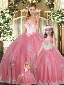 Watermelon Red Sleeveless Beading and Appliques Floor Length Quinceanera Gown