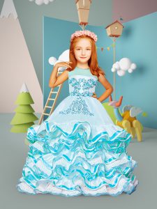 Sleeveless Lace Up Floor Length Beading and Embroidery and Ruffled Layers Little Girls Pageant Gowns