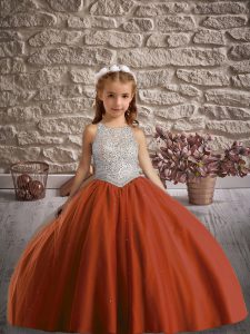Dramatic Rust Red Girls Pageant Dresses Wedding Party with Beading Scoop Sleeveless Sweep Train Backless