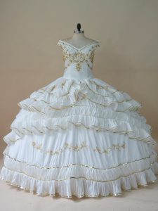Inexpensive Floor Length Lace Up Sweet 16 Dresses White for Sweet 16 and Quinceanera with Beading and Embroidery