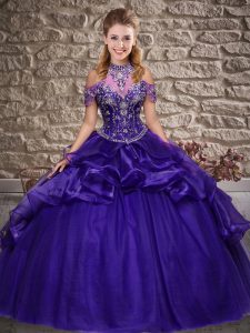 Floor Length Lace Up Sweet 16 Quinceanera Dress Purple for Military Ball and Sweet 16 and Quinceanera with Beading and R