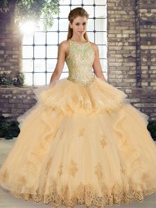 Beautiful Champagne Sleeveless Floor Length Lace and Embroidery and Ruffles Lace Up Sweet 16 Dresses