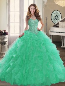 Classical Turquoise Sleeveless Organza Brush Train Lace Up Quinceanera Dress for Military Ball and Sweet 16 and Quincean