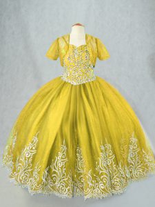 Hot Sale Beading and Embroidery Kids Pageant Dress Olive Green Lace Up Sleeveless Floor Length