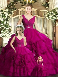 Sleeveless Floor Length Beading and Ruffles Backless Quinceanera Gowns with Fuchsia