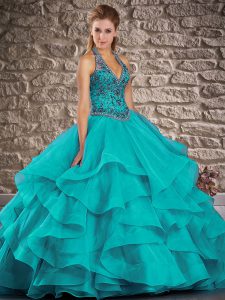 Hot Sale Teal Tulle Lace Up Halter Top Sleeveless Vestidos de Quinceanera Brush Train Beading and Ruffles