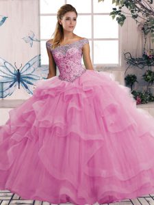 Sleeveless Floor Length Beading and Ruffles Lace Up Sweet 16 Dress with Rose Pink