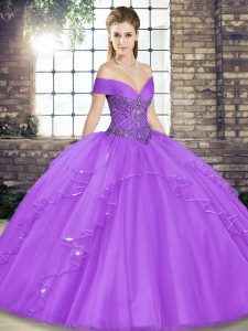 Lavender Sweet 16 Dresses Military Ball and Sweet 16 and Quinceanera with Beading and Ruffles Off The Shoulder Sleeveles