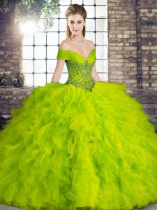 Olive Green Off The Shoulder Lace Up Beading and Ruffles Sweet 16 Dresses Sleeveless