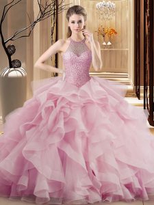Pink Sleeveless Beading and Ruffles Lace Up Sweet 16 Dress