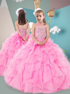 Stunning Sleeveless Organza Floor Length Zipper Little Girls Pageant Gowns in Rose Pink with Beading and Ruffles
