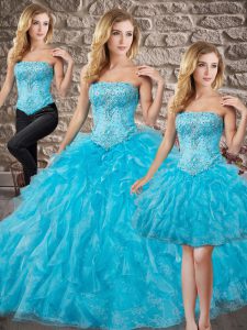 Sleeveless Beading and Ruffles Lace Up Quince Ball Gowns with Baby Blue Brush Train