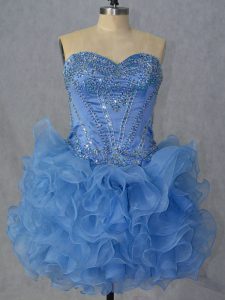 Hot Selling Blue Ball Gowns Beading and Ruffles Evening Dress Lace Up Organza Sleeveless Mini Length