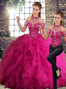 Exceptional Fuchsia Two Pieces Beading and Ruffles Sweet 16 Dress Lace Up Tulle Sleeveless Floor Length