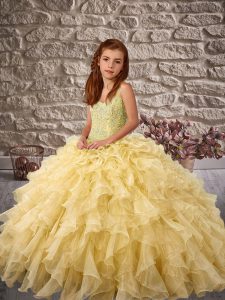 Sleeveless Sweep Train Lace Up Beading and Ruffles Pageant Dress for Teens