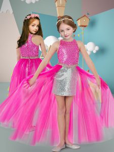 Amazing Hot Pink Column/Sheath Scoop Sleeveless Tulle High Low Zipper Beading and Sequins Evening Gowns