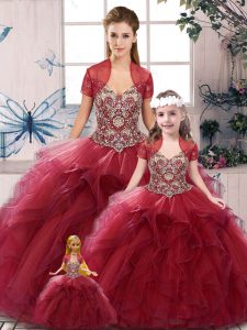 Floor Length Lace Up Quince Ball Gowns Burgundy for Military Ball and Sweet 16 and Quinceanera with Beading and Ruffles