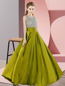 Scoop Sleeveless Backless Prom Gown Olive Green Elastic Woven Satin