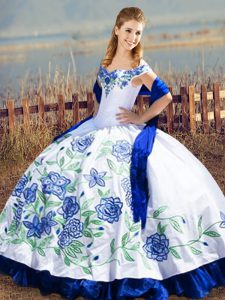 Blue And White Off The Shoulder Neckline Embroidery and Ruffles Sweet 16 Dress Sleeveless Lace Up