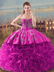 Fuchsia Sleeveless Brush Train Embroidery and Ruffles 15th Birthday Dress