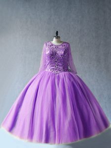Lovely Lavender Lace Up Quinceanera Gown Beading Long Sleeves Floor Length
