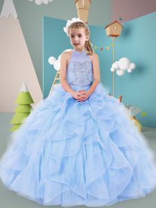 Light Blue Little Girls Pageant Dress Wholesale Wedding Party with Beading and Ruffles Halter Top Sleeveless Zipper