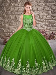 Modest Green Tulle Lace Up Scoop Sleeveless Floor Length Quince Ball Gowns Embroidery