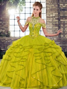 Enchanting Sleeveless Floor Length Beading and Ruffles Lace Up 15th Birthday Dress with Olive Green