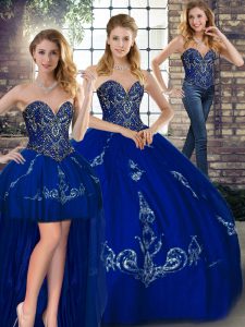 Flirting Tulle Sweetheart Sleeveless Lace Up Beading and Embroidery 15 Quinceanera Dress in Royal Blue