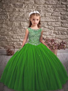Green Tulle Lace Up Little Girls Pageant Dress Sleeveless Floor Length Beading