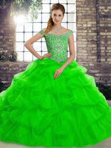 Unique Off The Shoulder Sleeveless Quince Ball Gowns Brush Train Beading and Pick Ups Green Tulle