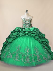Latest Green Sleeveless Brush Train Beading and Pick Ups Quinceanera Gown
