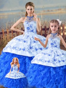 Blue And White Lace Up Quinceanera Dresses Embroidery and Ruffles Sleeveless Floor Length Court Train