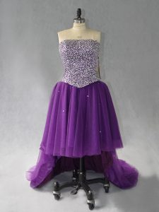 Low Price Strapless Sleeveless Prom Gown High Low Beading Purple Tulle