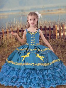 Sleeveless Organza Floor Length Lace Up High School Pageant Dress in Blue with Beading and Embroidery and Ruffled Layers