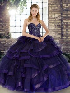 Purple Ball Gowns Beading and Ruffles 15 Quinceanera Dress Lace Up Tulle Sleeveless Floor Length