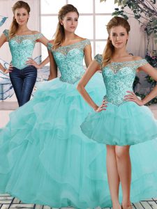 Designer Aqua Blue Off The Shoulder Neckline Beading and Ruffles Quinceanera Gown Sleeveless Lace Up