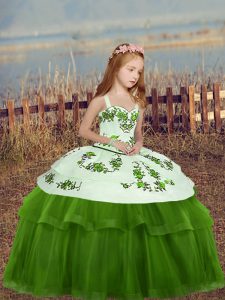 Green Ball Gowns Embroidery Little Girl Pageant Gowns Lace Up Tulle Sleeveless Floor Length