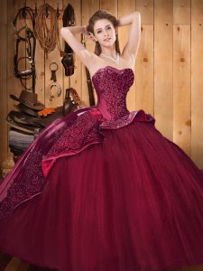 Edgy Brush Train Ball Gowns 15 Quinceanera Dress Burgundy Sweetheart Satin and Tulle Sleeveless Lace Up