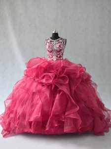 Deluxe Red Lace Up Scoop Beading and Ruffles 15 Quinceanera Dress Organza Sleeveless