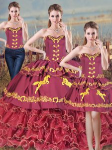 Floor Length Lace Up Ball Gown Prom Dress Burgundy for Sweet 16 and Quinceanera with Embroidery and Ruffles Brush Train