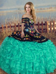 Edgy Turquoise Ball Gowns Organza Off The Shoulder Short Sleeves Embroidery and Ruffles Floor Length Lace Up Quince Ball