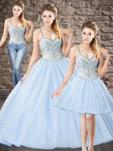 Classical Light Blue Straps Lace Up Beading and Lace 15 Quinceanera Dress Sleeveless