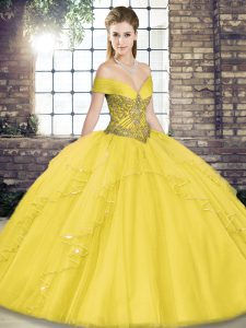 Floor Length Lace Up Sweet 16 Dresses Gold for Military Ball and Sweet 16 and Quinceanera with Beading and Ruffles