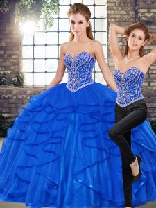 Floor Length Royal Blue Quinceanera Gowns Tulle Sleeveless Beading and Ruffles