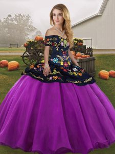 Affordable Black And Purple Sleeveless Tulle Lace Up Ball Gown Prom Dress for Military Ball and Sweet 16 and Quinceanera